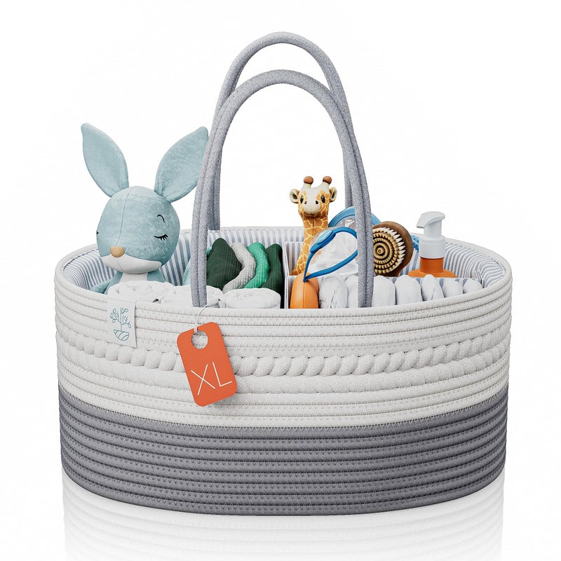 KiddyCare Woven Diaper Caddy Organizer, Large Gray Multi Functional Portable Baby Basket with Handle, Baby Gift for Boy/Girl Nursery Storage, Organization, and Modern Car Diaper Caddy Gray X-Large - Image 1